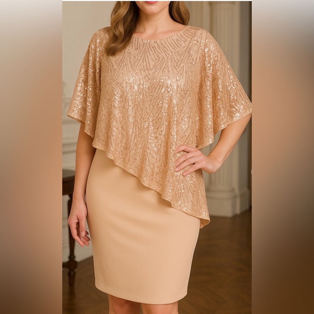 Hannah Nicole Sequin Capelet Nude Sheath Dress